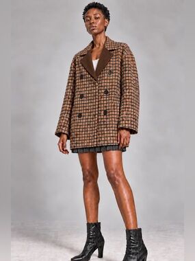 Theory Women’s Shearling Brown Plaid Double Breasted Blazer Jacket Oversized